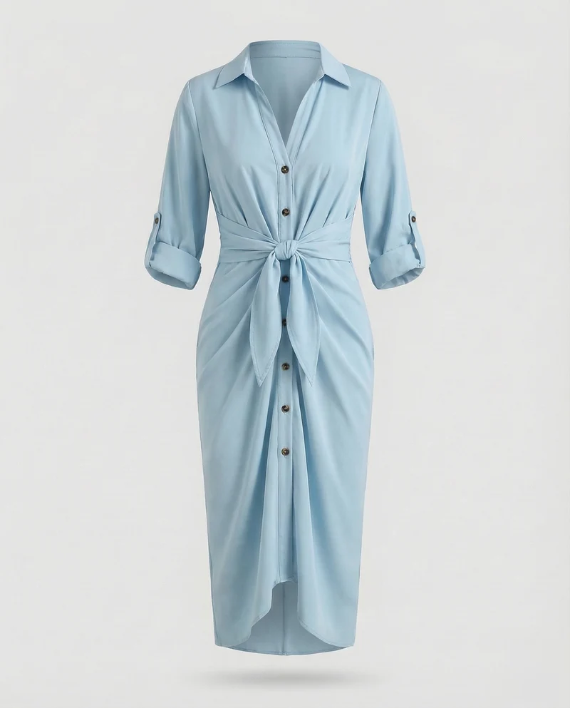 Damen gestreiftes Hemdblusenkleid mit Dreiviertelärmeln