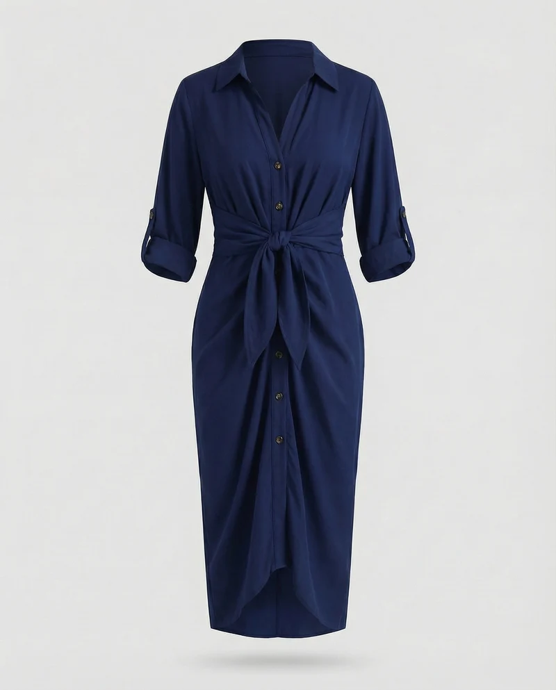 Damen gestreiftes Hemdblusenkleid mit Dreiviertelärmeln