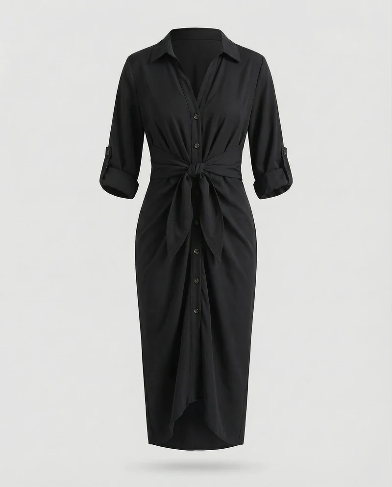 Damen gestreiftes Hemdblusenkleid mit Dreiviertelärmeln