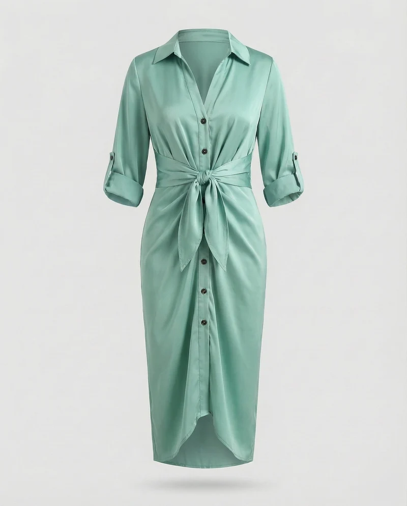 Damen gestreiftes Hemdblusenkleid mit Dreiviertelärmeln
