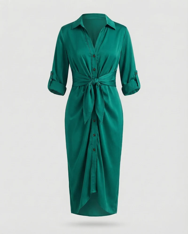 Damen gestreiftes Hemdblusenkleid mit Dreiviertelärmeln