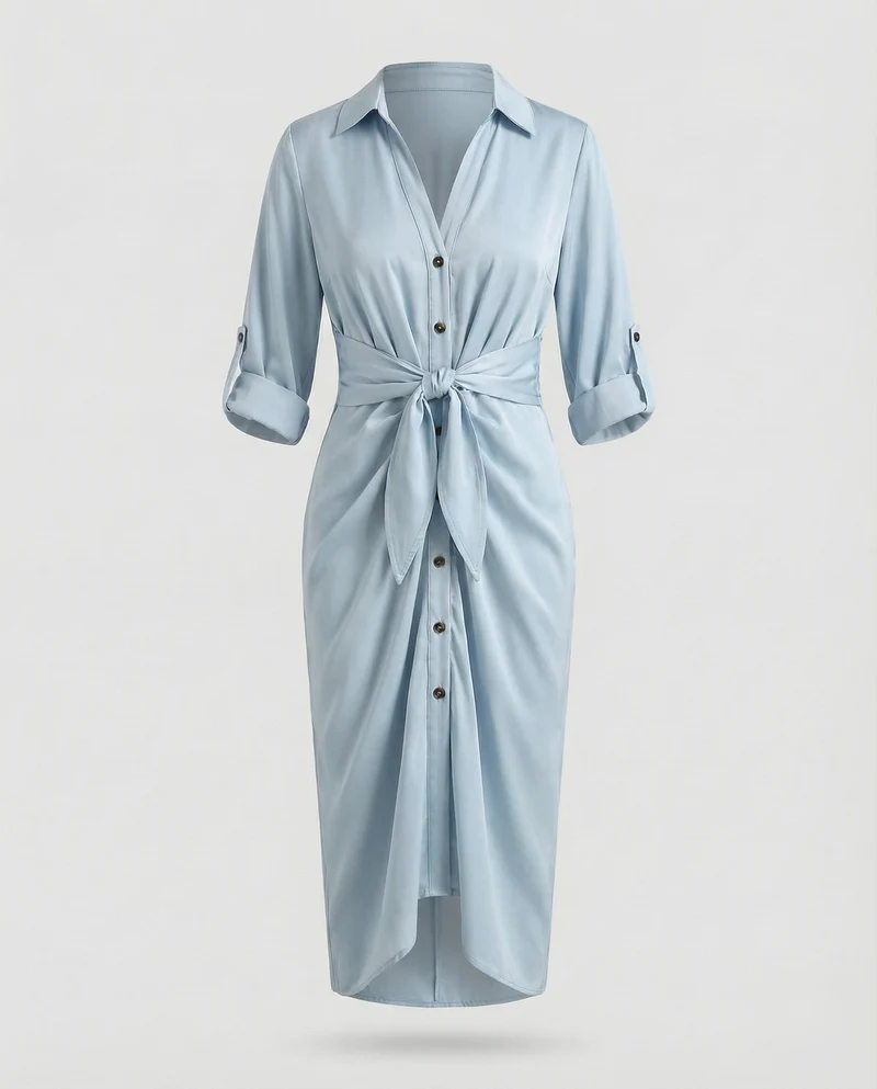 Damen gestreiftes Hemdblusenkleid mit Dreiviertelärmeln