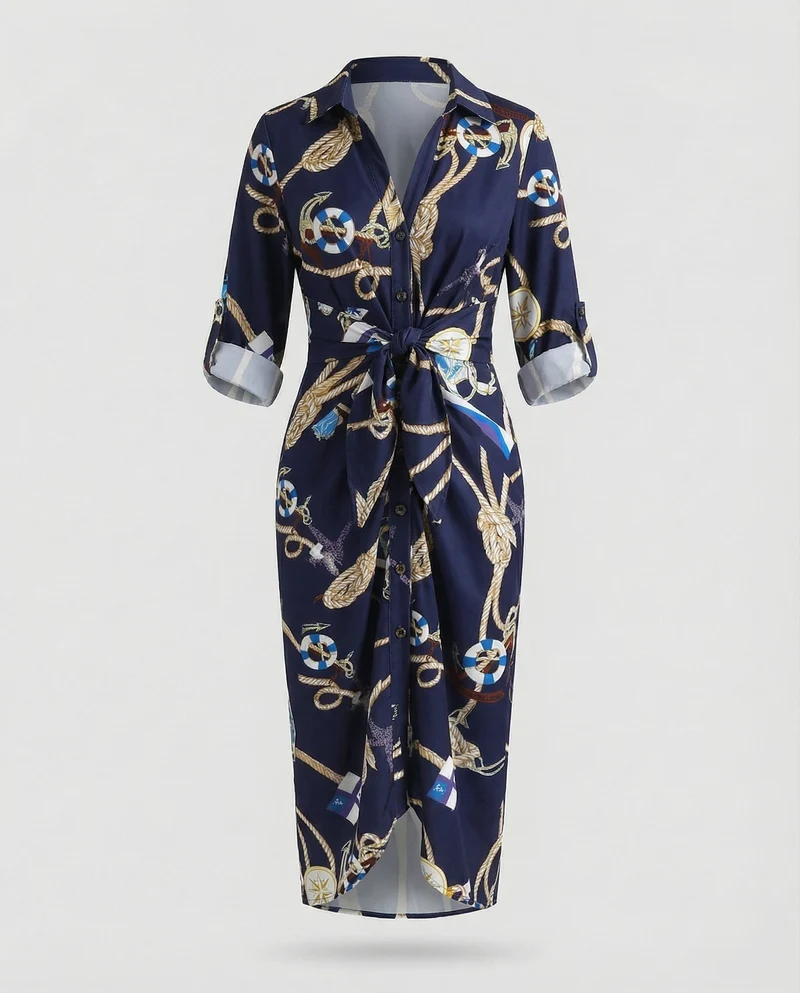Damen gestreiftes Hemdblusenkleid mit Dreiviertelärmeln