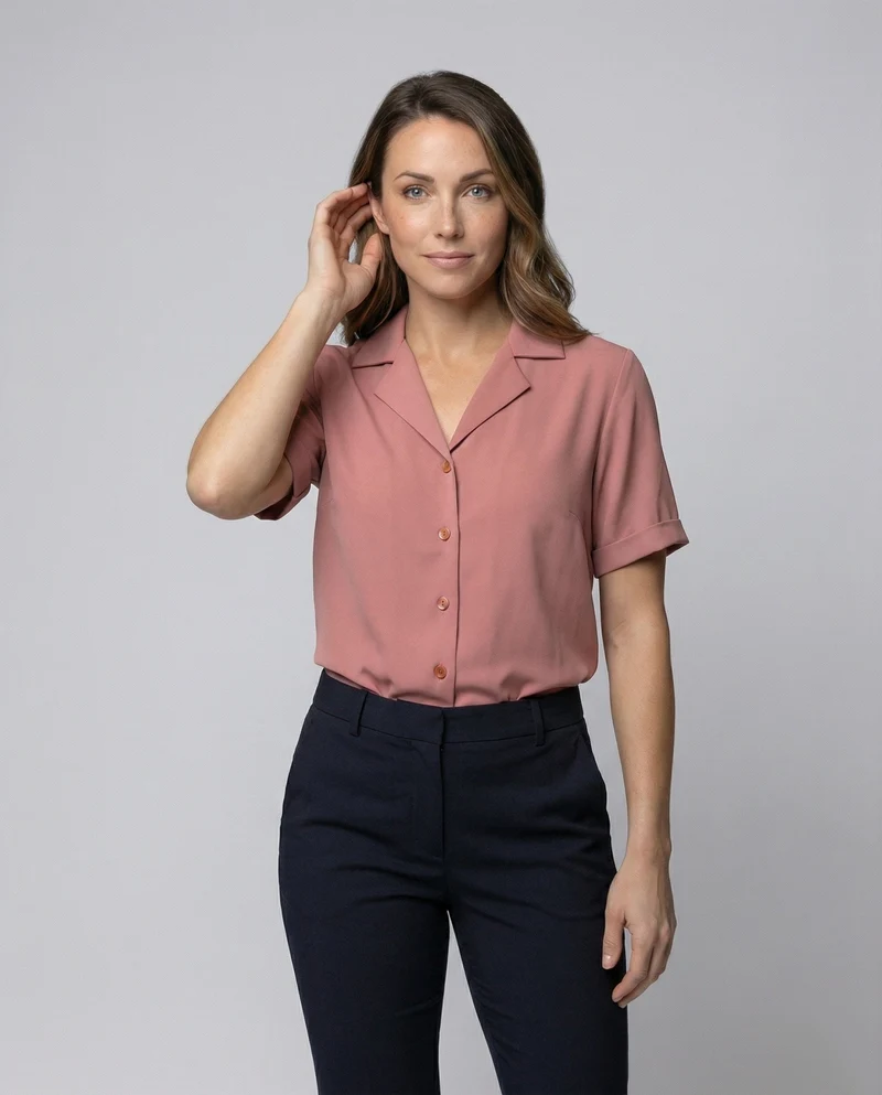 Damen Minimalistische Reverskragen Kurzarm-Hemdbluse