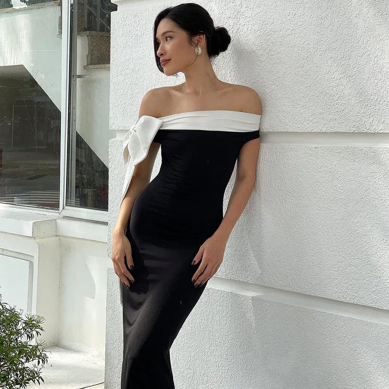 Damen Langarm Abendkleid mit schulterfreiem Design und raffinierten Schleifendetails