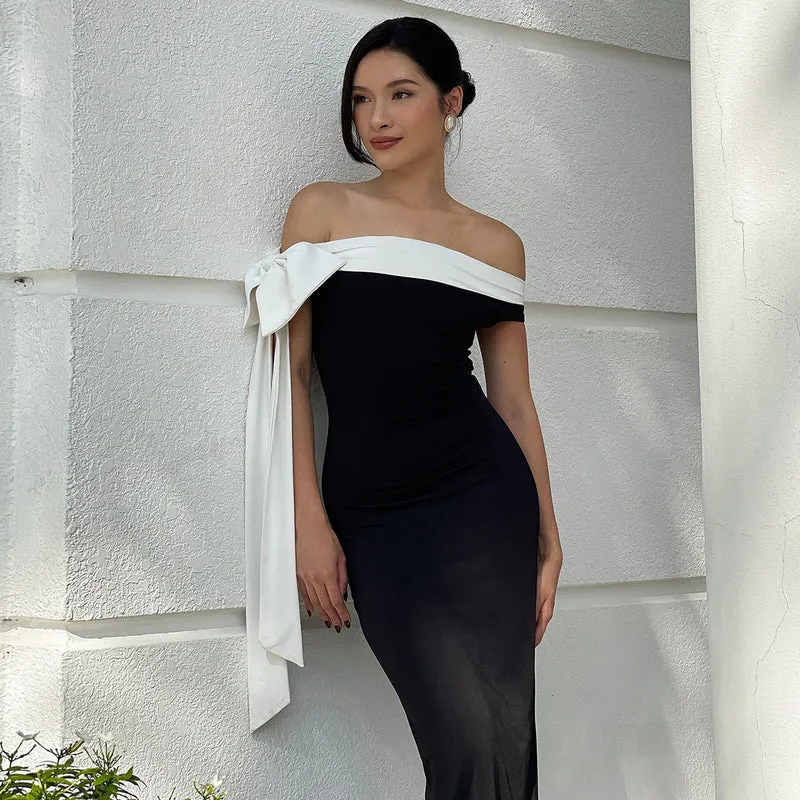 Damen Langarm Abendkleid mit schulterfreiem Design und raffinierten Schleifendetails