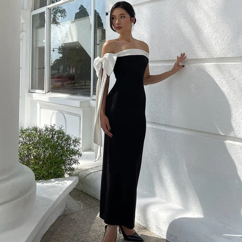 Damen Langarm Abendkleid mit schulterfreiem Design und raffinierten Schleifendetails