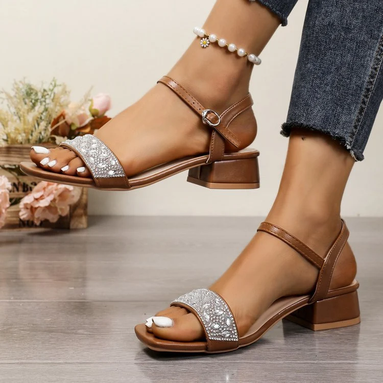 Damen Riemensandaletten mit funkelnder Strass-Applikation und elegantem Blockabsatz