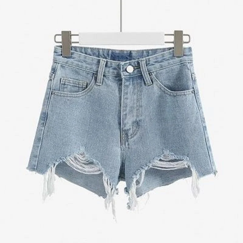 Damen Destroyed Denim Shorts mit hohem Bund und Fransensaum