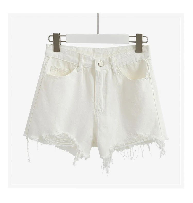 Damen Destroyed Denim Shorts mit hohem Bund und Fransensaum