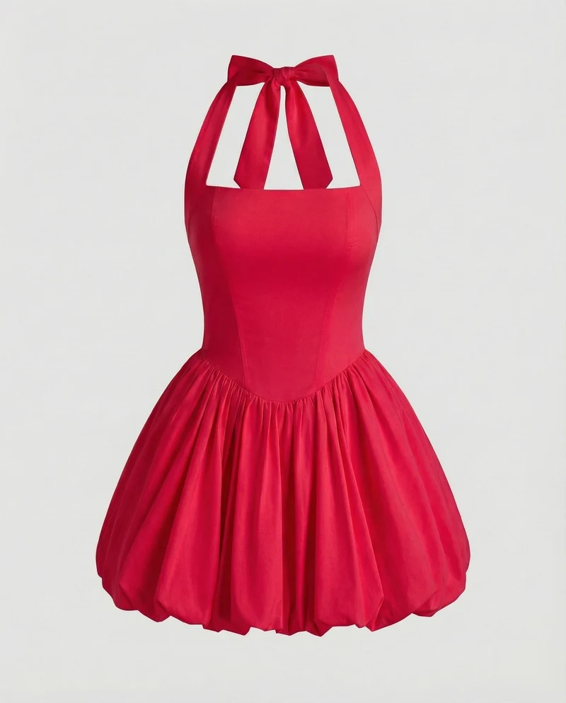 Damen tailliertes Neckholder-Minikleid mit Ballonrock
