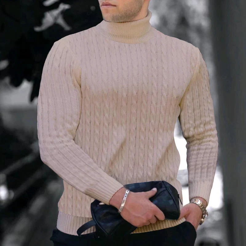 Herren eleganter Rollkragenpullover mit exquisiter Zopfmusterstruktur