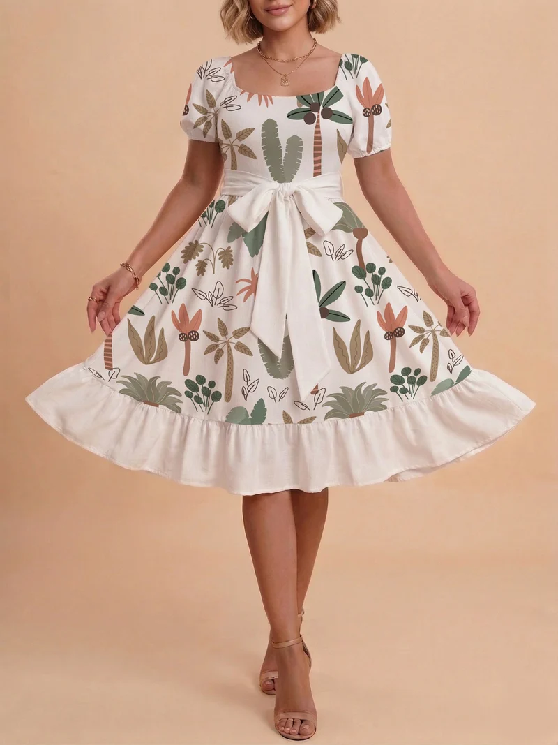 Damen Sommerliches Blumenkleid mit taillierbarem Gürtel und voluminösen Ärmeln