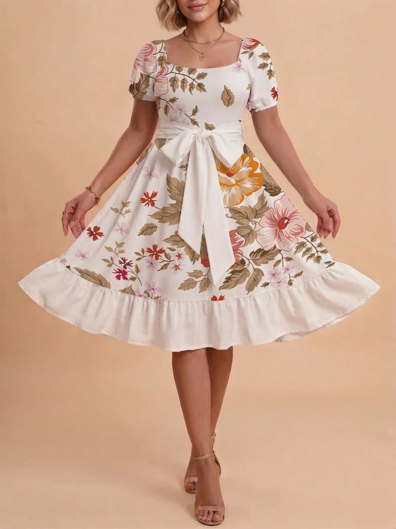 Damen Sommerliches Blumenkleid mit taillierbarem Gürtel und voluminösen Ärmeln