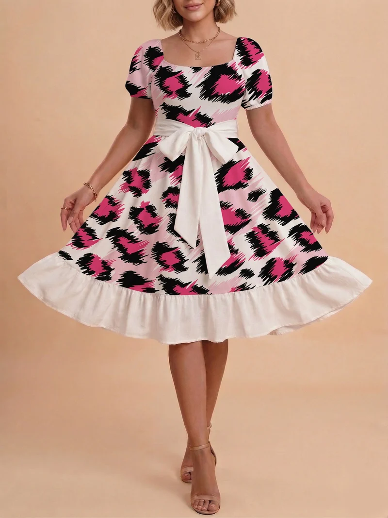 Damen Sommerliches Blumenkleid mit taillierbarem Gürtel und voluminösen Ärmeln