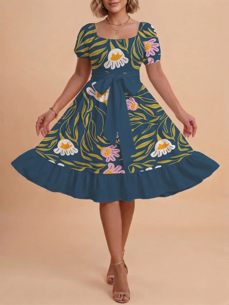 Damen Sommerliches Blumenkleid mit taillierbarem Gürtel und voluminösen Ärmeln