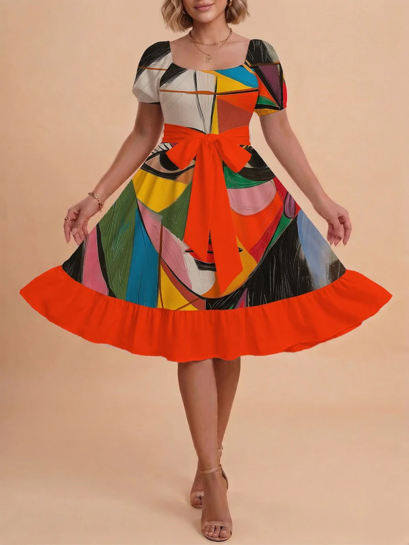 Damen Sommerliches Blumenkleid mit taillierbarem Gürtel und voluminösen Ärmeln