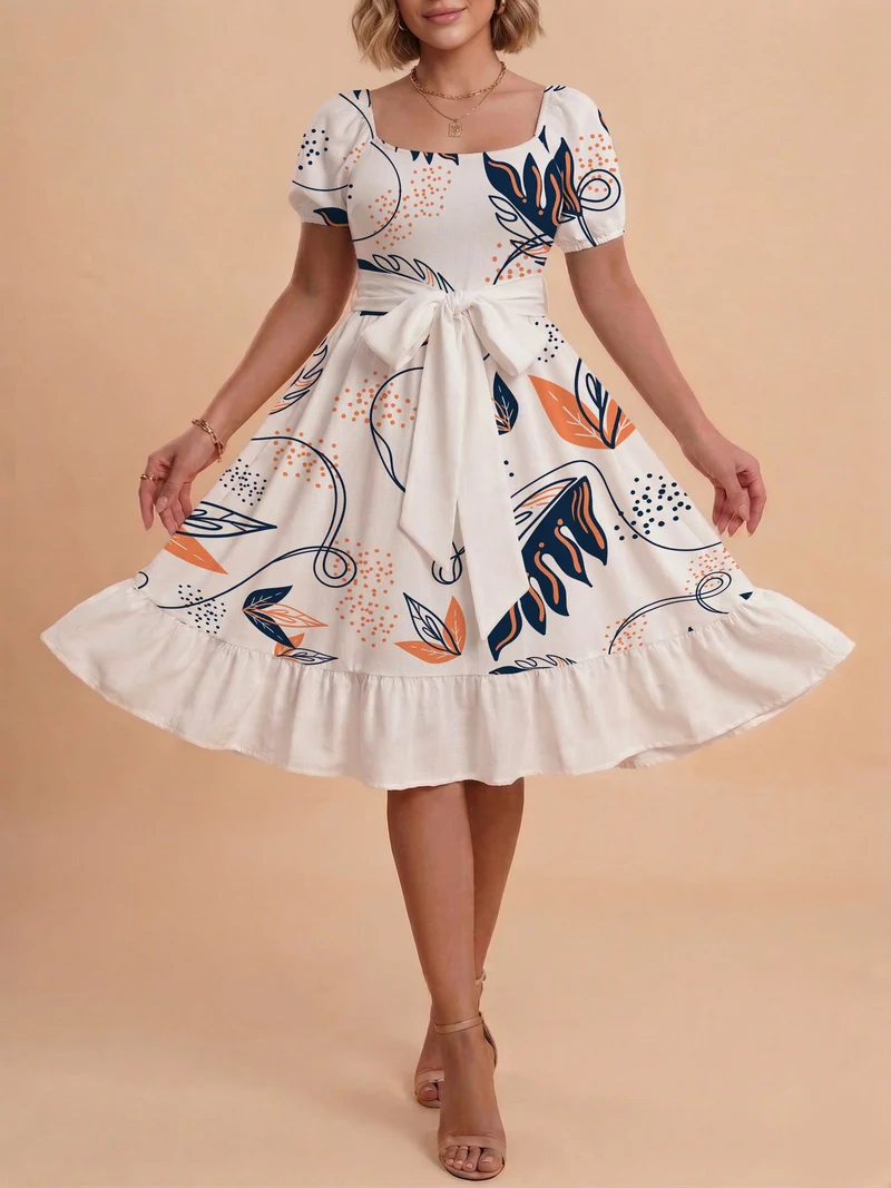 Damen Sommerliches Blumenkleid mit taillierbarem Gürtel und voluminösen Ärmeln