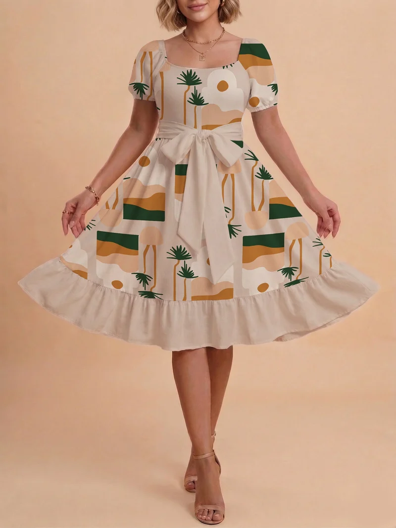 Damen Sommerliches Blumenkleid mit taillierbarem Gürtel und voluminösen Ärmeln