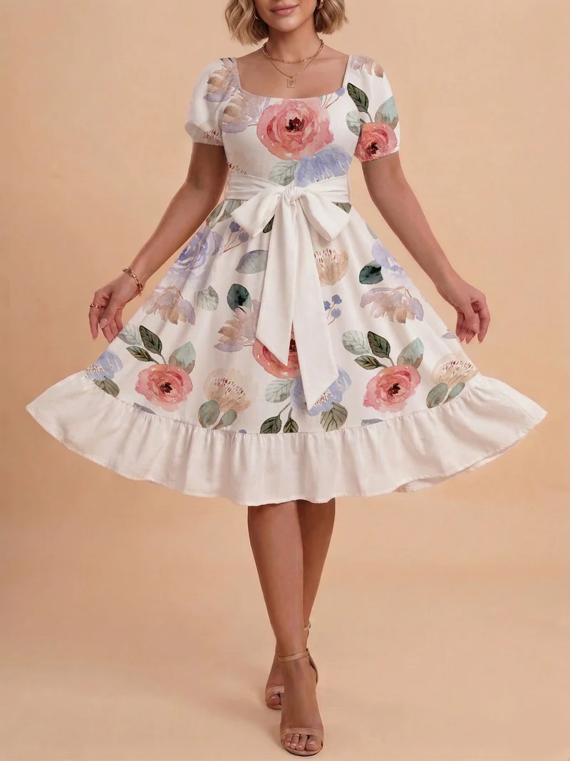 Damen Sommerliches Blumenkleid mit taillierbarem Gürtel und voluminösen Ärmeln
