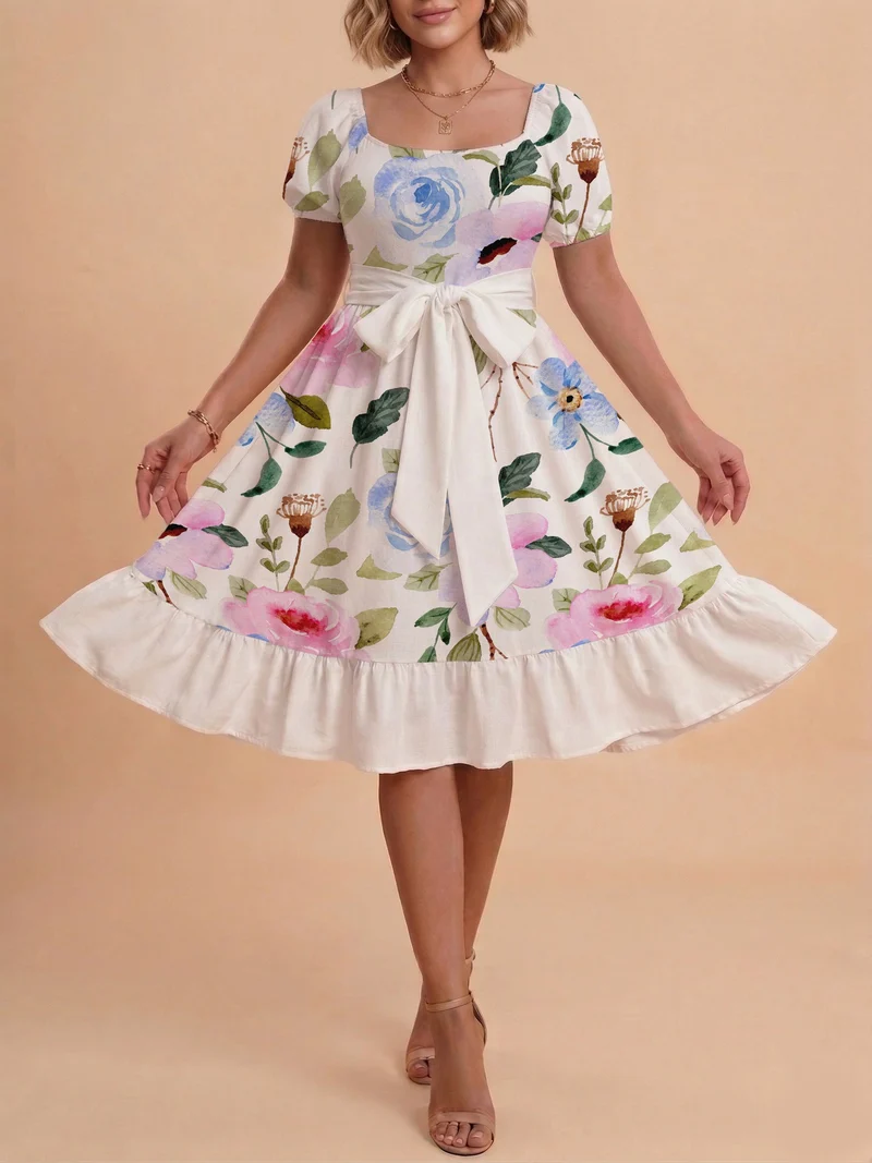 Damen Sommerliches Blumenkleid mit taillierbarem Gürtel und voluminösen Ärmeln