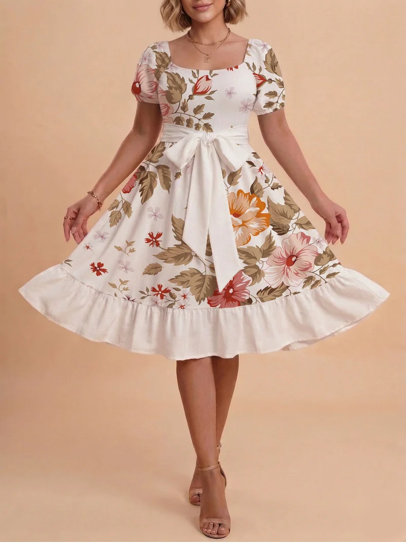Damen Sommerliches Blumenkleid mit taillierbarem Gürtel und voluminösen Ärmeln