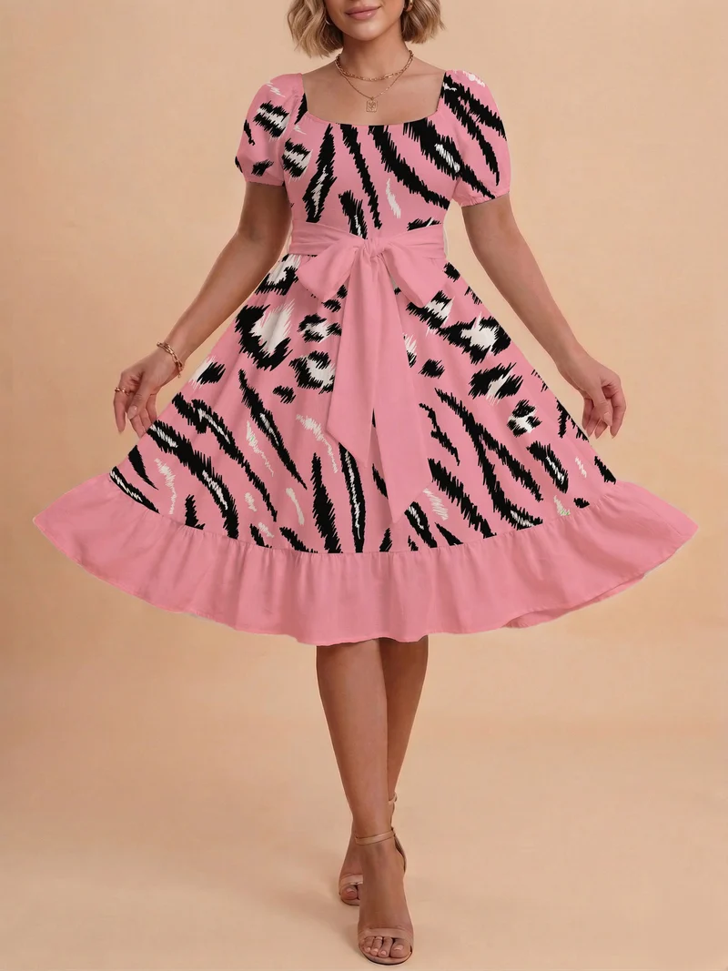 Damen Sommerliches Blumenkleid mit taillierbarem Gürtel und voluminösen Ärmeln