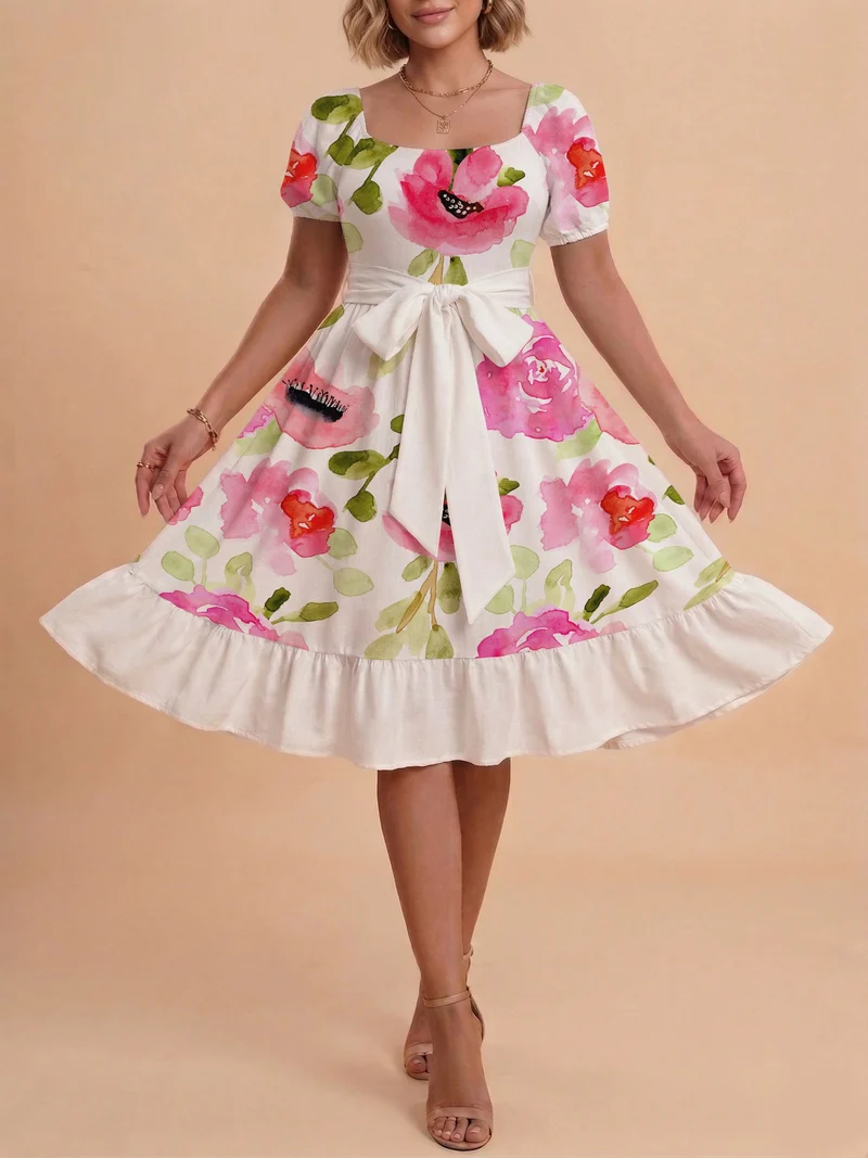 Damen Sommerliches Blumenkleid mit taillierbarem Gürtel und voluminösen Ärmeln