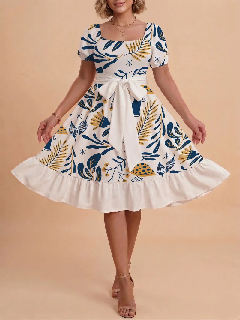Damen Sommerliches Blumenkleid mit taillierbarem Gürtel und voluminösen Ärmeln