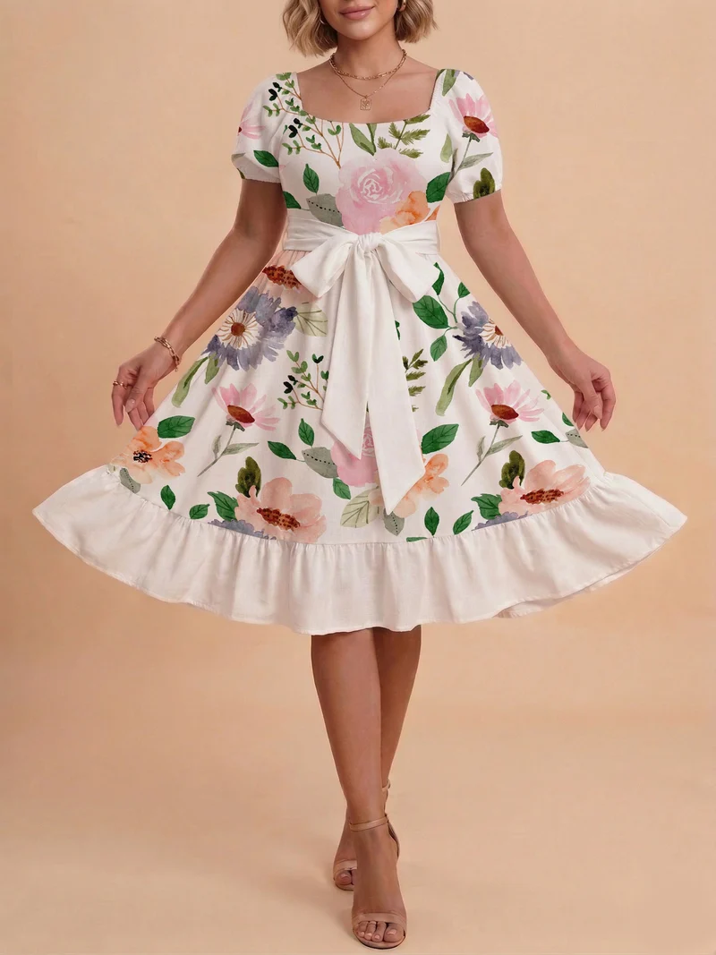 Damen Sommerliches Blumenkleid mit taillierbarem Gürtel und voluminösen Ärmeln