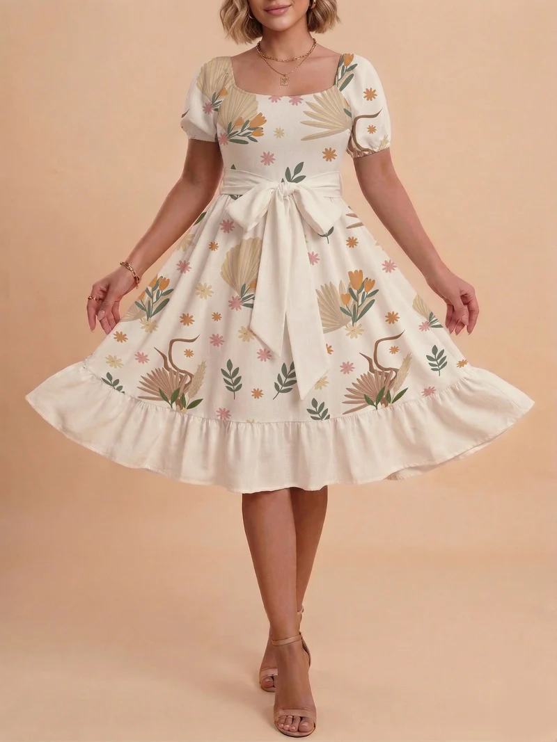 Damen Sommerliches Blumenkleid mit taillierbarem Gürtel und voluminösen Ärmeln