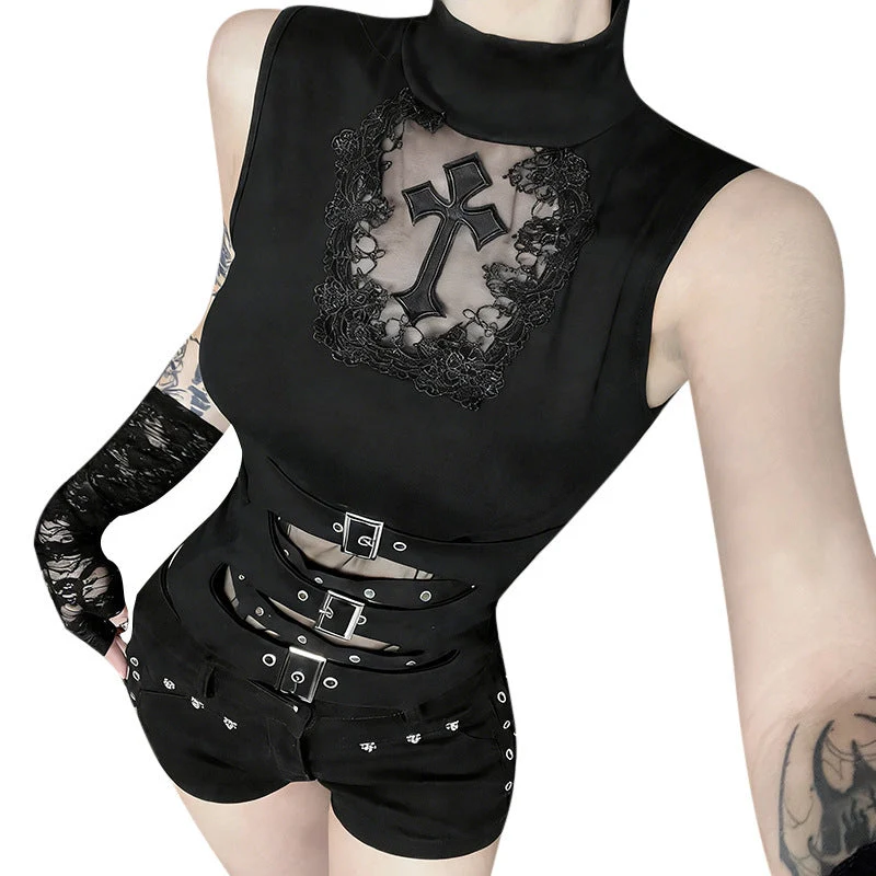 Damen Gothic Body mit dekorativem Spitzen- und Kreuzdesign und tailliertem Schnitt