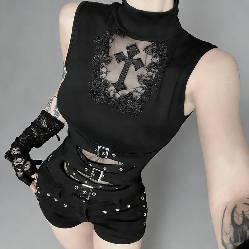 Damen Gothic Body mit dekorativem Spitzen- und Kreuzdesign und tailliertem Schnitt