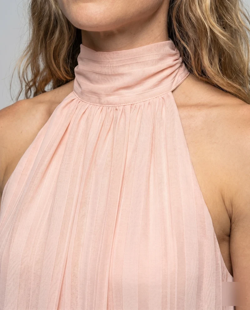 Damen stilvolles Halterkleid mit verspieltem Rüschensaum