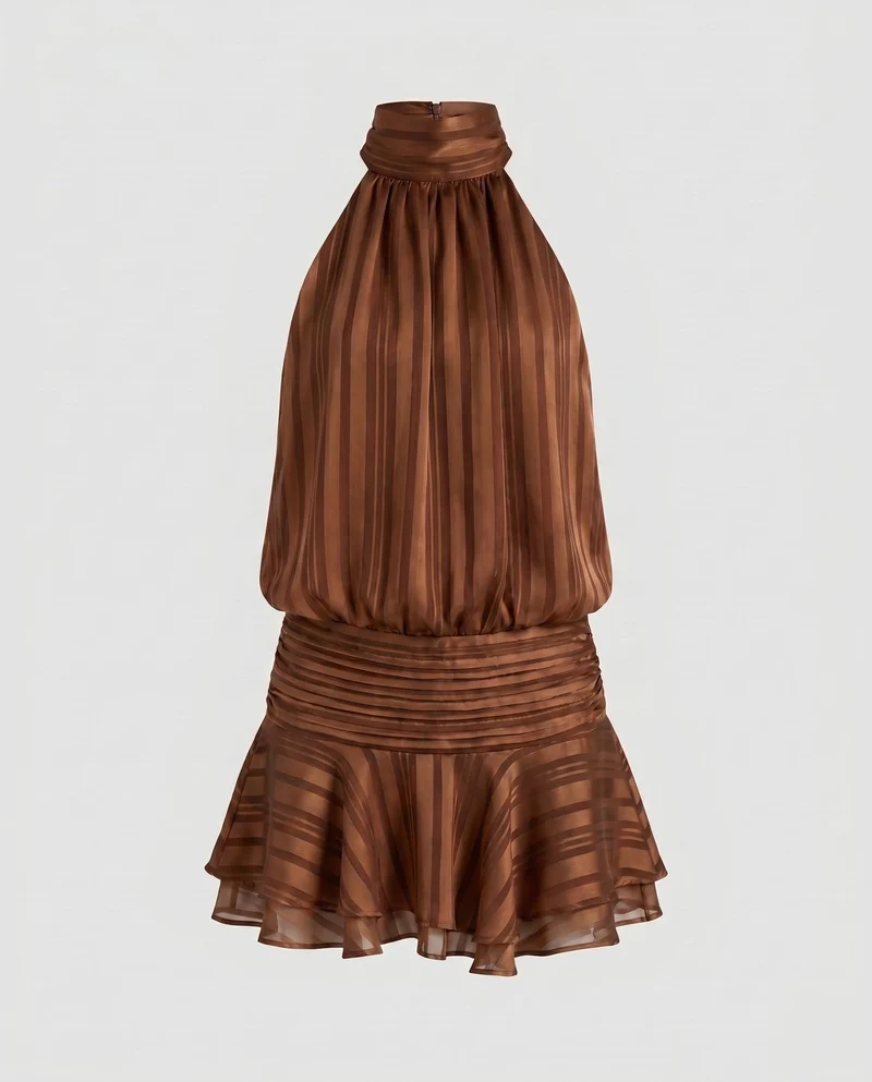 Damen stilvolles Halterkleid mit verspieltem Rüschensaum