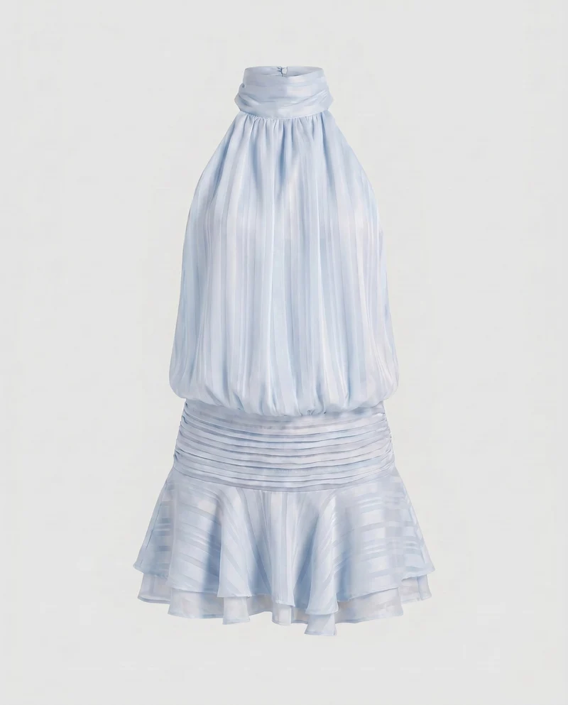 Damen stilvolles Halterkleid mit verspieltem Rüschensaum