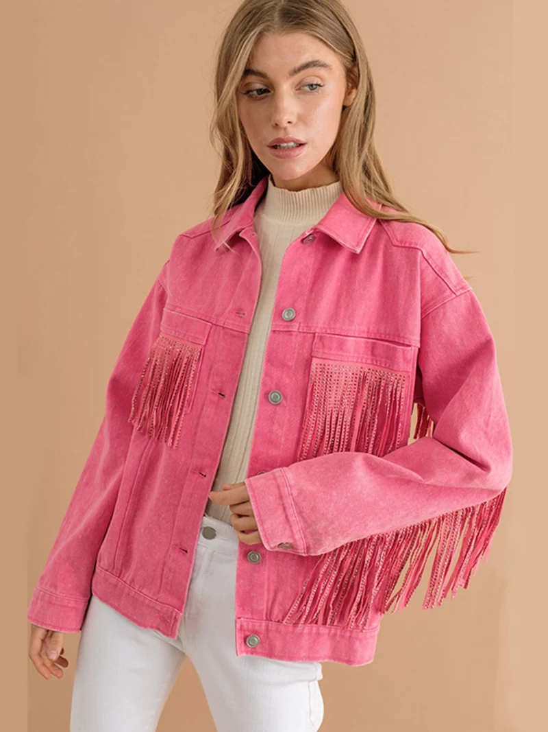 Fransen-Detail Gefallene Schulter Denimjacke