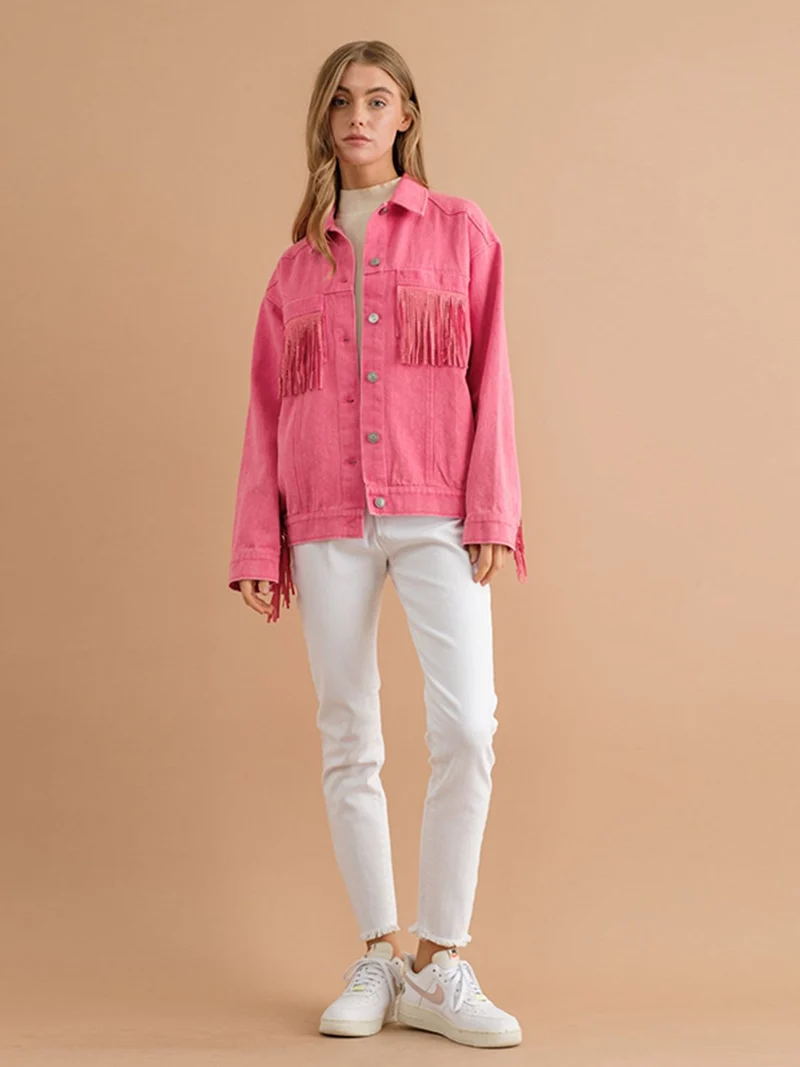Fransen-Detail Gefallene Schulter Denimjacke