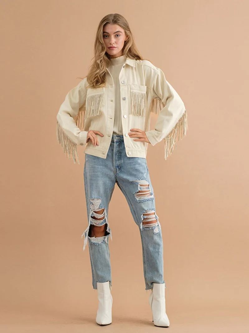 Fransen-Detail Gefallene Schulter Denimjacke