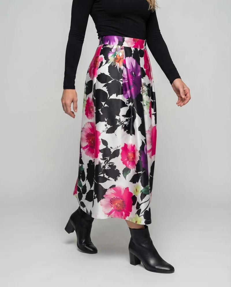 Damen Midirock Kellerfalten Großfloraler Print A-Linie