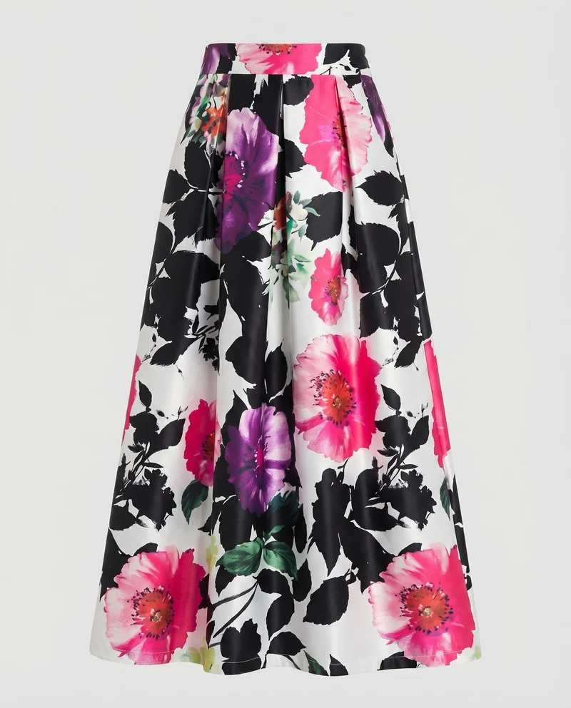 Damen Midirock Kellerfalten Großfloraler Print A-Linie