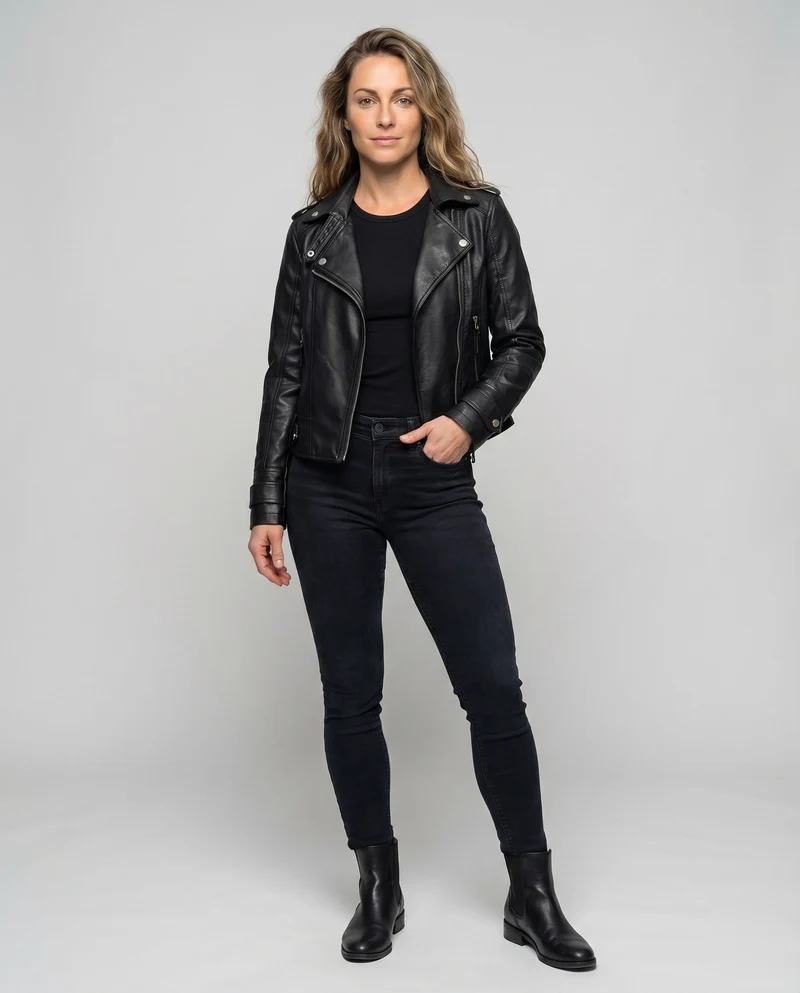 Damen Bikerjacke Kunstleder Reverskragen Schulterklappen