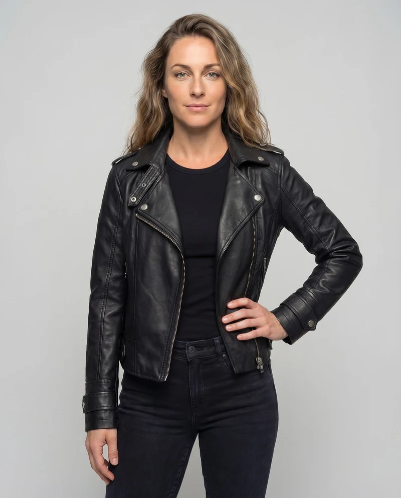 Damen Bikerjacke Kunstleder Reverskragen Schulterklappen
