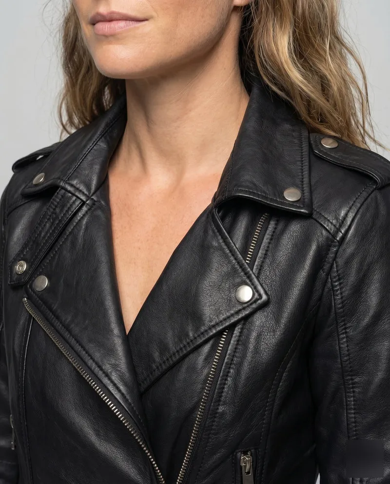 Damen Bikerjacke Kunstleder Reverskragen Schulterklappen