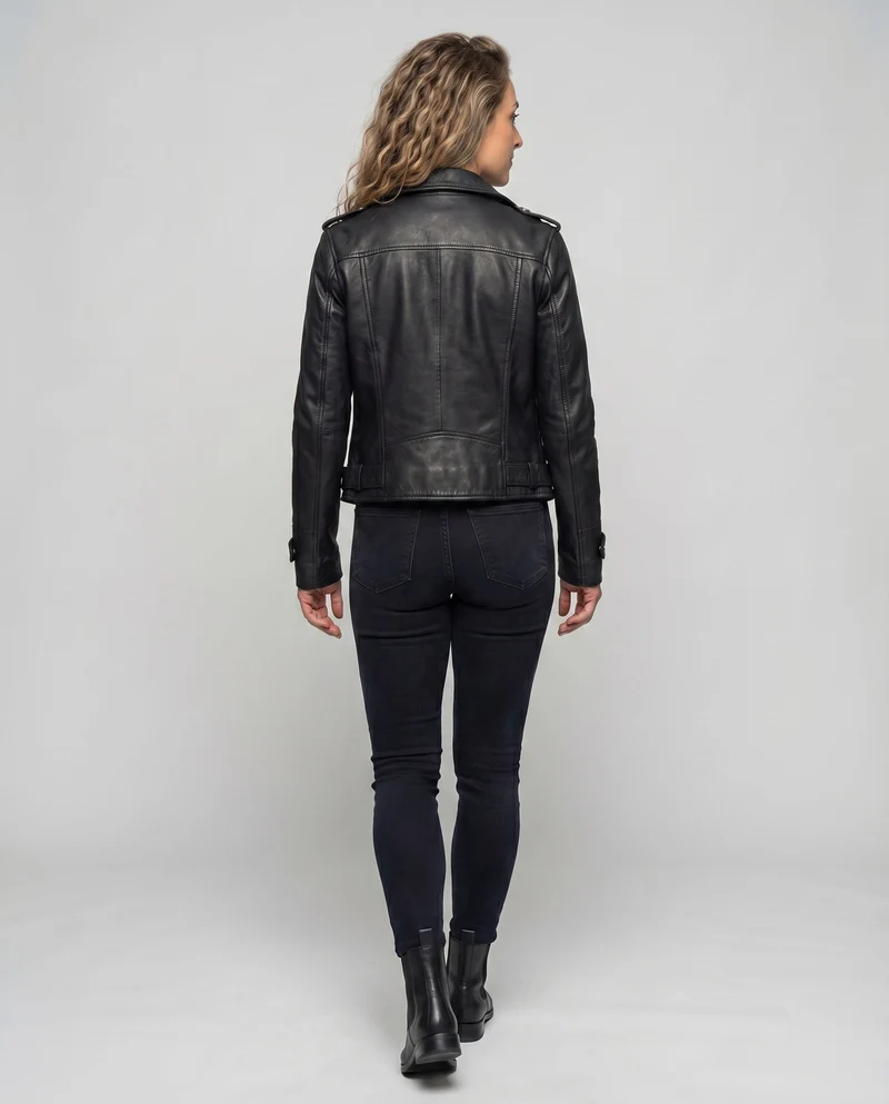 Damen Bikerjacke Kunstleder Reverskragen Schulterklappen