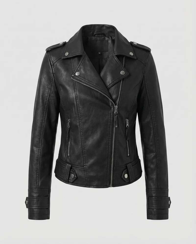 Damen Bikerjacke Kunstleder Reverskragen Schulterklappen