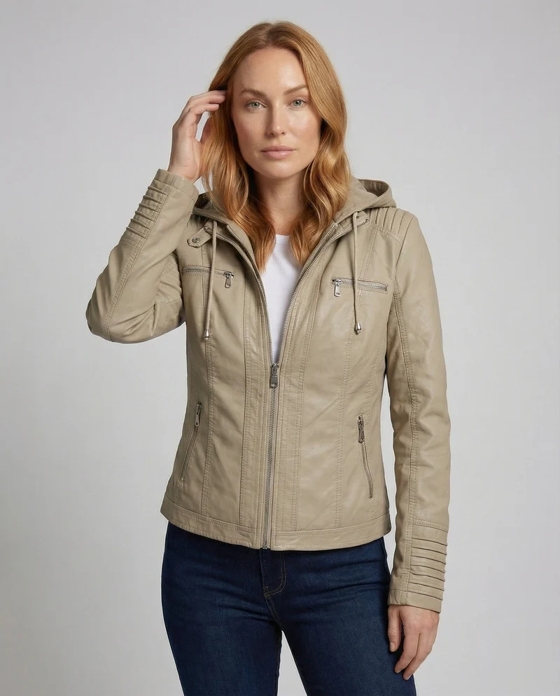 Damen Biker-Kunstlederjacke Tailliert Kapuze