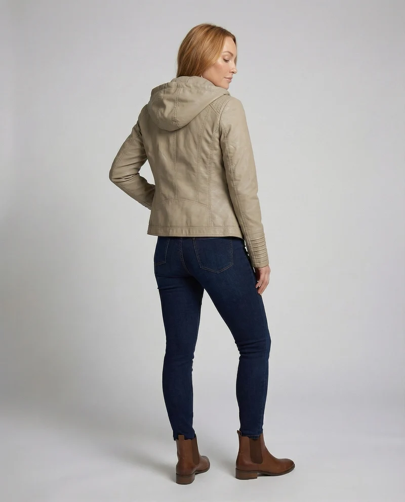 Damen Biker-Kunstlederjacke Tailliert Kapuze