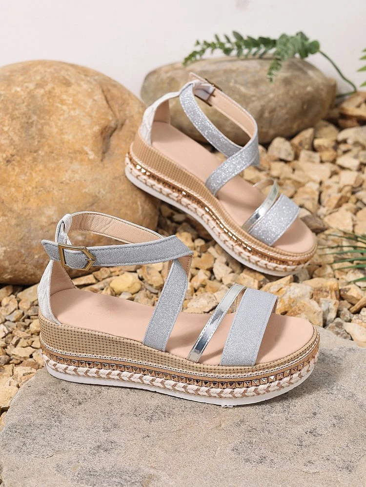 Damen Riemensandalen mit modischer Schmuckverzierung und Plateau-Rand