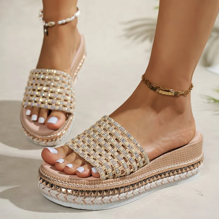 Damen Riemensandalen mit modischer Schmuckverzierung und Plateau-Rand